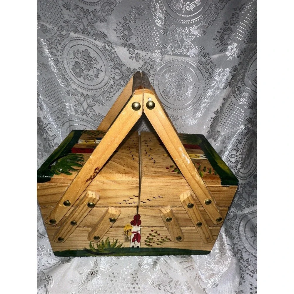 VTG Wood Fold-Out Sewing Box Hand Painted Mexico Double Handle Small 3 Tier